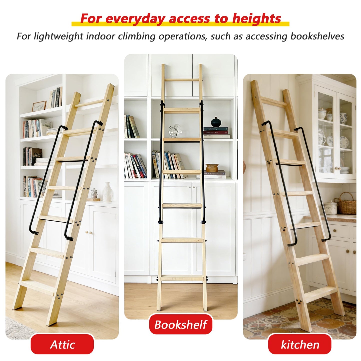 104RDHOUSE 87in Attic Rolling Library Ladder, 7 Step Wooden Ladder with,Loft Ladder Bookshelf,Wall Stairs Red Oak Stair Platform Bunkbed Ladder,for Home Kitchen,Warehouses,Bookstore,DIY Stain