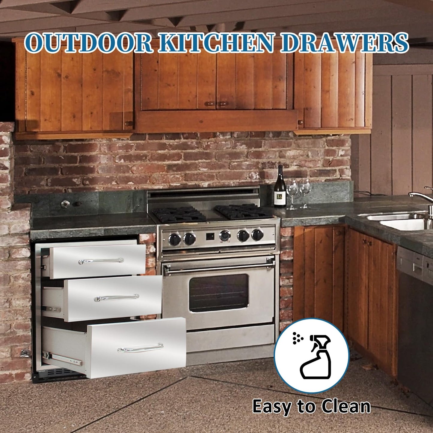 Outdoor Kitchen Drawers 14"Wx21"Hx23"D Flush Mount Access 3-Drawer BBQ Stainless Steel Drawers with Handle for Outdoor Kitchen Island or Grill Station