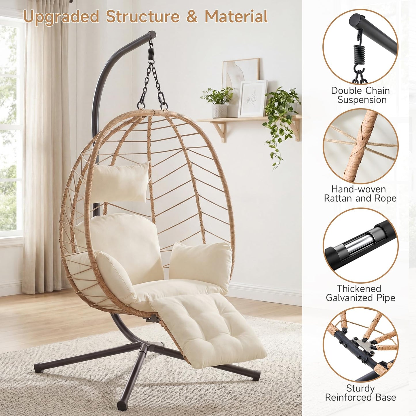 Wicker Egg Chair Outdoor, Hammock Chair with Footrest & Stand, Patio Swing with Cushion & Double Chains, Hanging Aluminum Alloy Steel Frame, 350LBS Capacity for Deck, Balcony, Beige