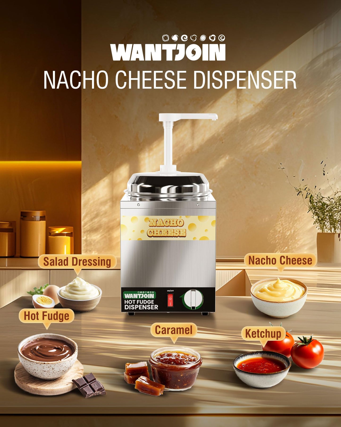 WantJoin 3.5Qt Nacho Cheese Dispenser with Pump - Nacho Cheese Warmer,Stainless Steel Hot Fudge Warmer W/5-Level Temperature Adjustment,Hot Fudge Dispenser for Hot Fudge Cheese Caramel