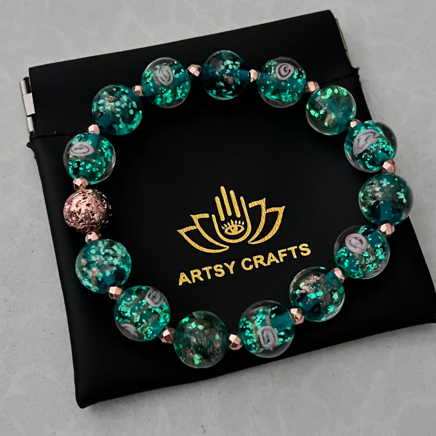 ARTSY Crafts Glow in The Dark Firefly Beads Bracelets, Ocean Blue Luminous Murano Glass Beads Jewelry Mermaid Crystals Healing Inspirational Bracelet Bangle (Ocean Blue, Wrist 6-7 in)