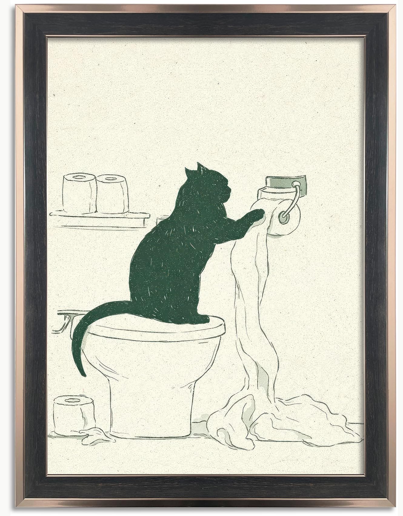 Framed Funny Cat Bathroom Wall Art Minimal Black Cat Toilet Paper Sketch Line Drawing Canvas Print Humorous Decor for Bathroom Guest Toilet Ready to Hang 12inx16in