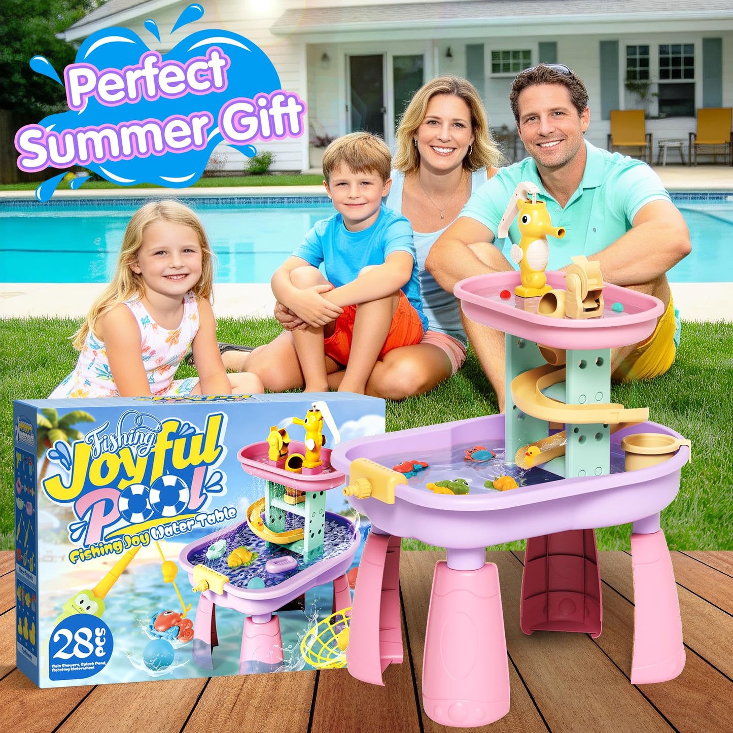 CRATIVWOOD Toddler Water Table for Kids - Sand and Water Table with 28PCS Toy Accessories & Rain Shower Sprinkler, Outdoor Sensory Water Play Table, STEM Toy Summer Gift for Boys Girls Ages 3-8