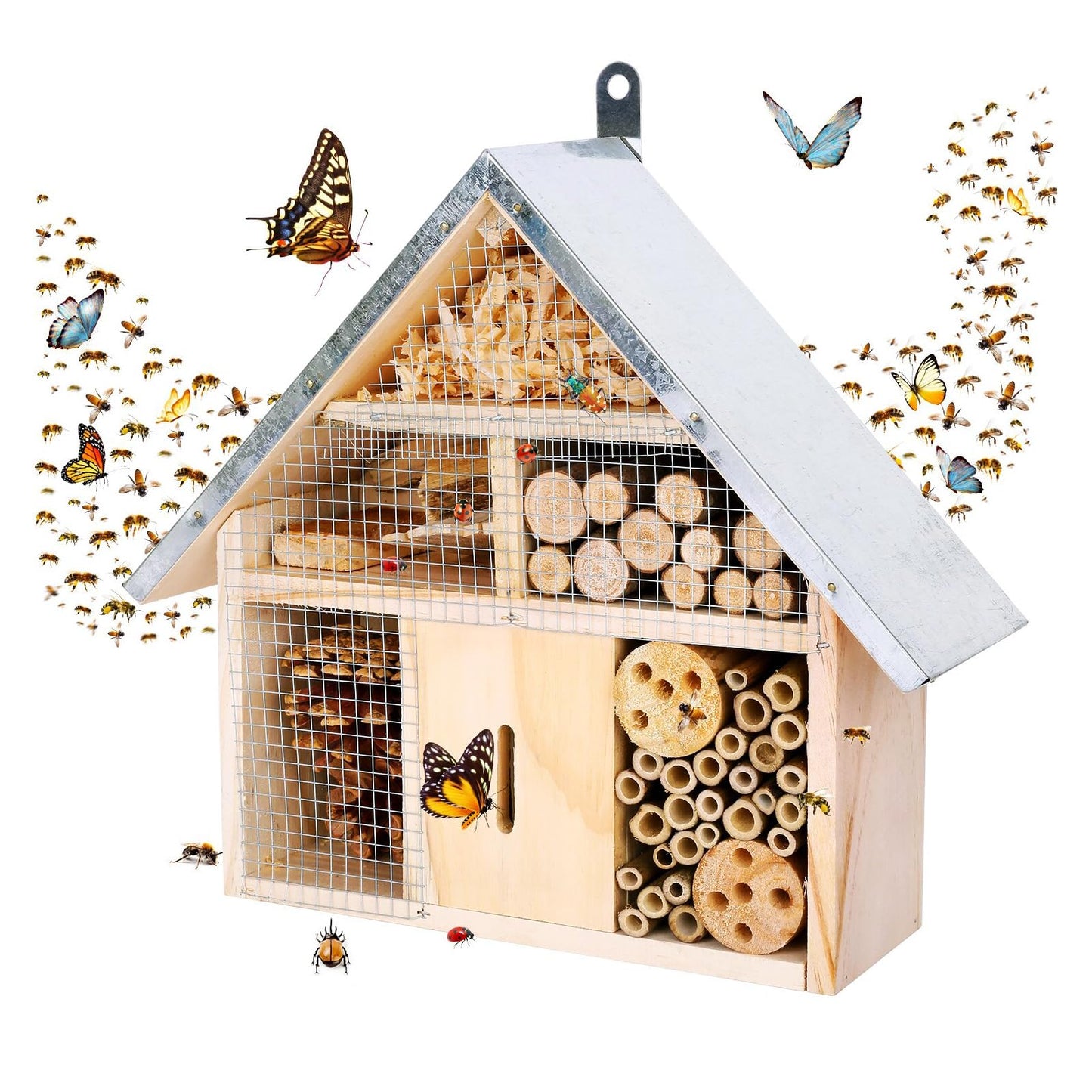 Hanging Bee House Wooden Insect House, Natural Habitat for Beneficial Bees, Bugs, Butterflys, Ladybirds Insect Hotels Garden Yard Home
