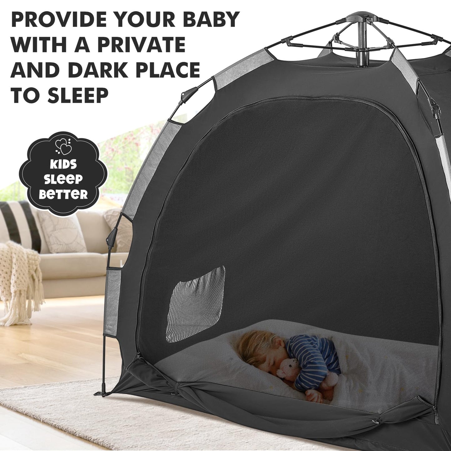 YAVIL Pack N Play Blackout Cover, ONE-Click Folding Baby Sleep Pod Crib Tent,Breathable Baby Travel Crib Canopy Tent,Block Out 95%+ Light,Baby Travel Essential