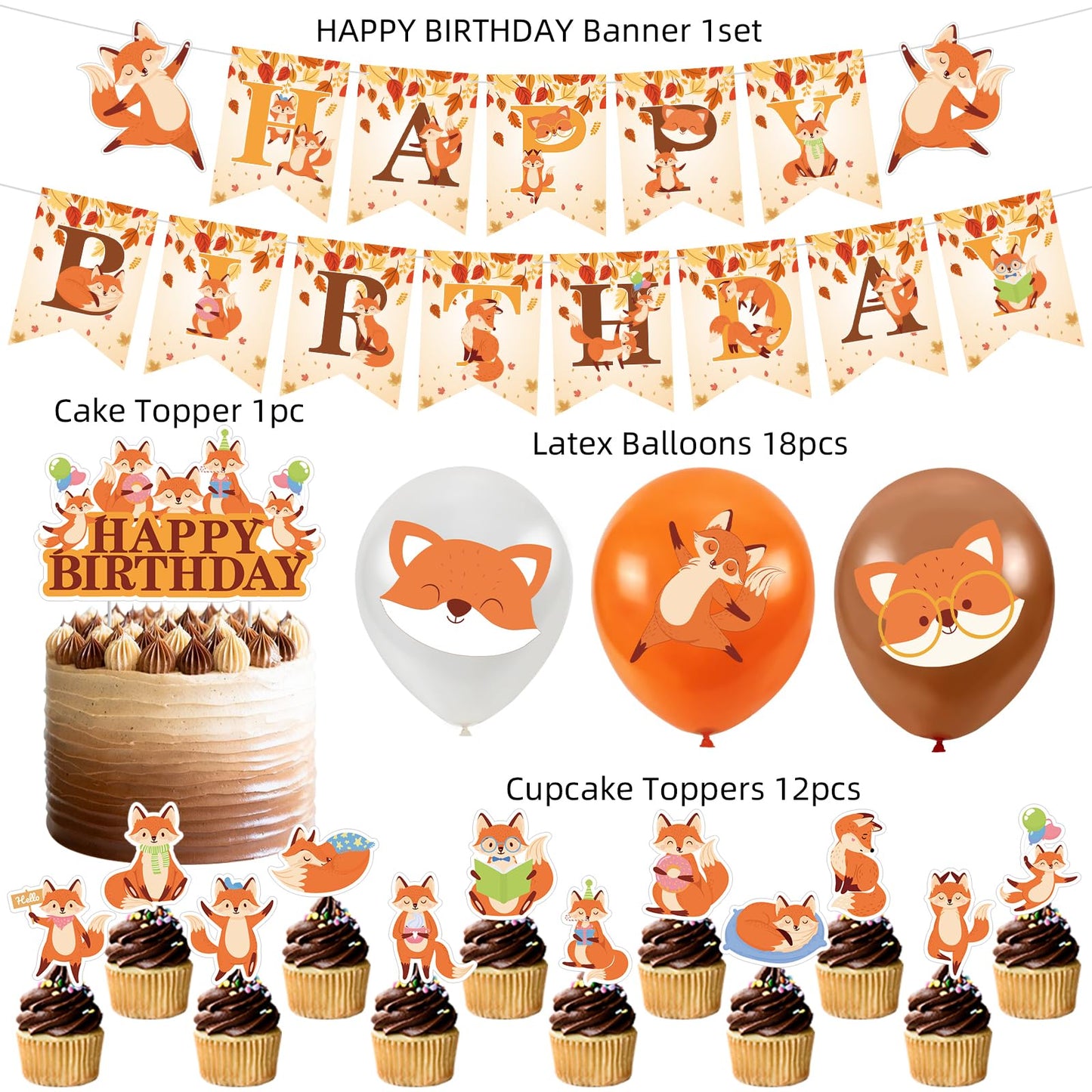 Fox Woodland Animal Birthday Party Supplies - Forest Animal Theme Decorations Kit With Cupcake Toppers, Balloons