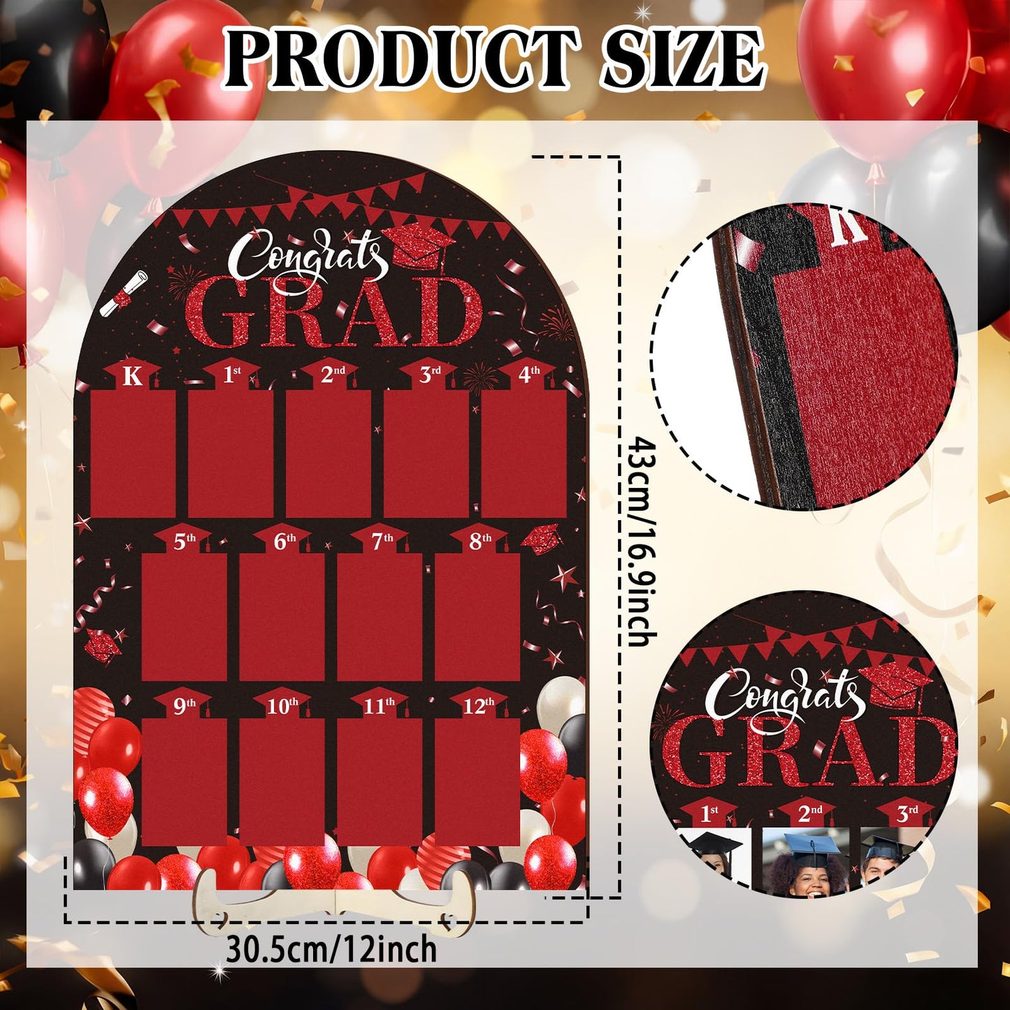 Leinuosen K-12 Graduation Picture Display for Party Decoration, Kindergarten to 12th Congrats Grade Photo Display Wood Picture Board for Senior High School Graduation Decoration(Black Red)