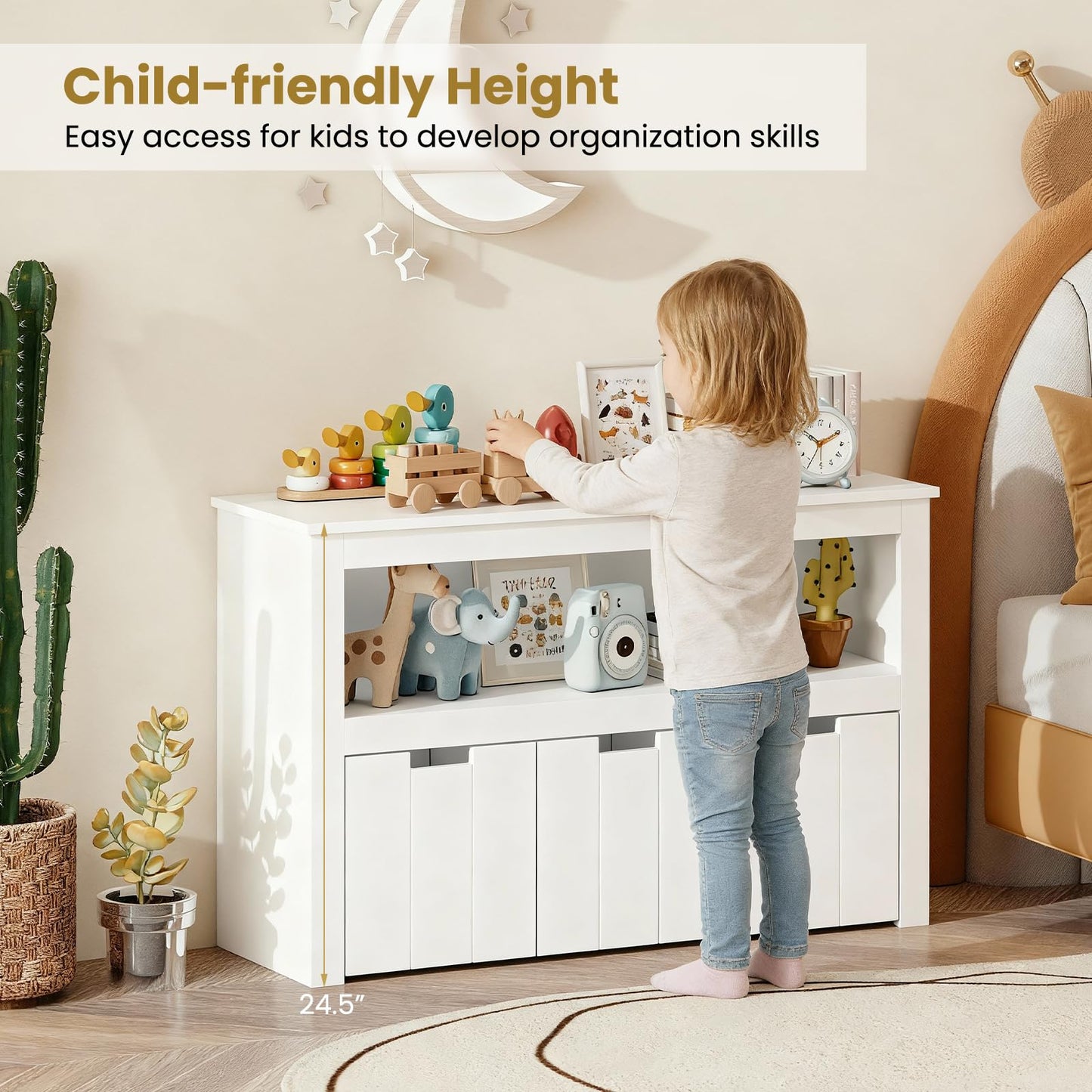 Costzon Toy Storage Organizer w/Drawers, Wooden Toy Shelf with 3 Removable Drawers, Rolling Wheels & Large Open Shelf, Toy Cupborad for Kids Room, Playroom, Kindergarten, Nursery (White)