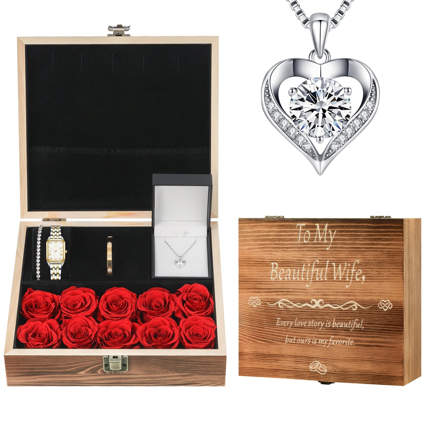Gifts for Women Jewelry Set, 925 Silver Moissanite Necklace, Gold Watch Stainless Steel Bangle with Eternal Roses Wooden Gift Box Ideal for Mother's Day Birthday Anniversary Christmas Valentine's Day Wife Gift