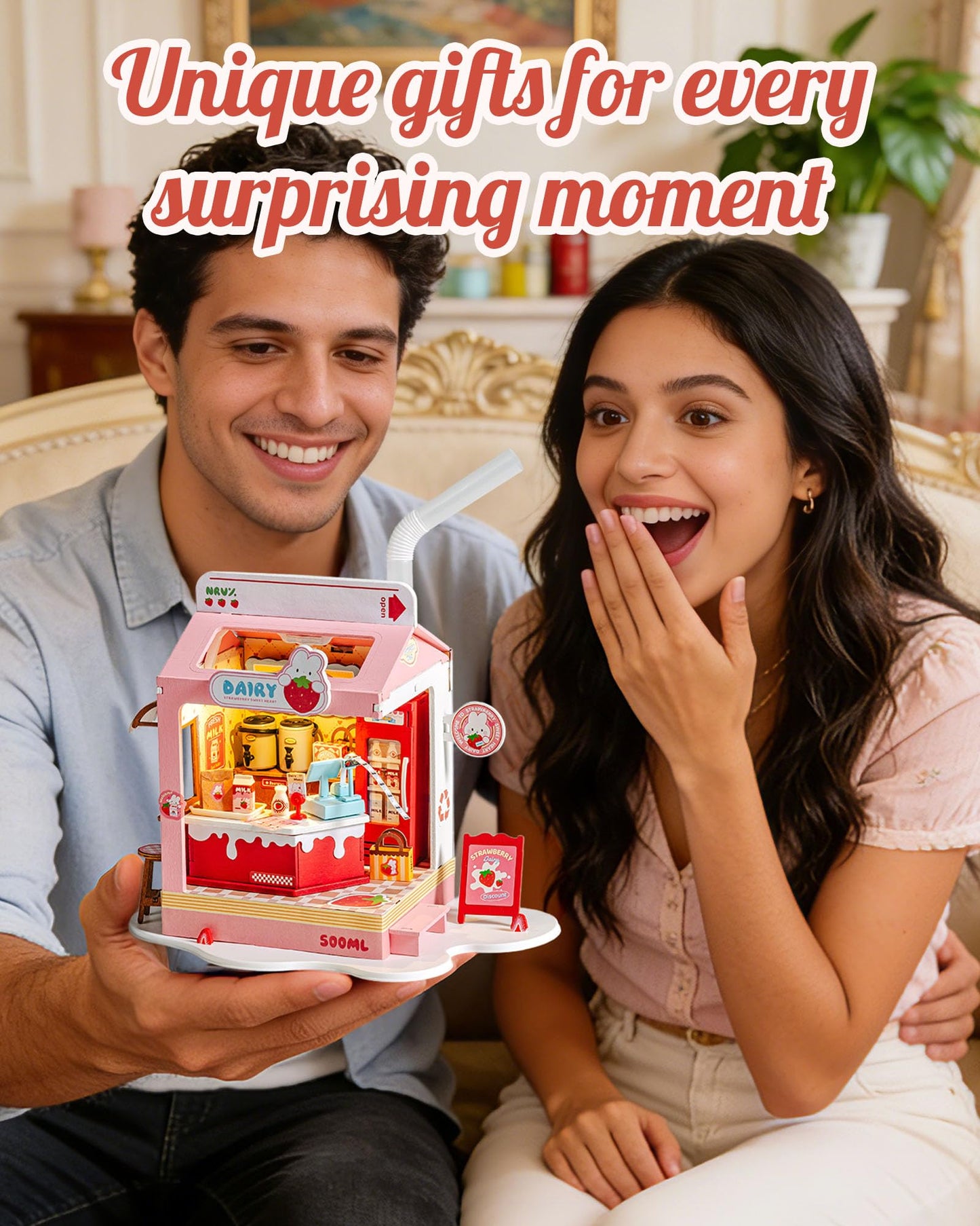 Robotime DIY Miniature House Kit, 1:28 Scale Tea Shop Scale Diorama Dollhouse with LED Lights, 3D Wooden Puzzle for Adults, Creative Crafts & Unique Gift for Craft Enthusiasts (Strawberry Milk Box)