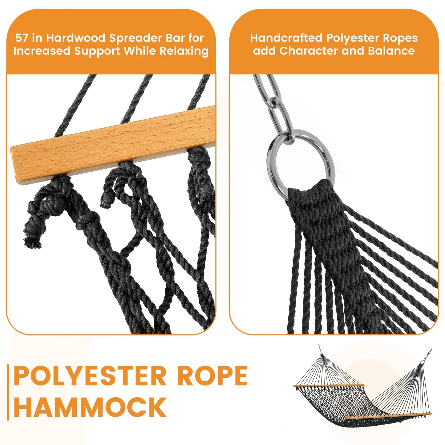 Lazy Daze Hammocks 13-FT Polyester Rope Hammock, Double 2 Person Traditional Hand Woven Outdoor Hammock with Spreader Bar, Carabiners, Tree Straps, Chains for Outside Patio- Max 450 Lbs, Grey