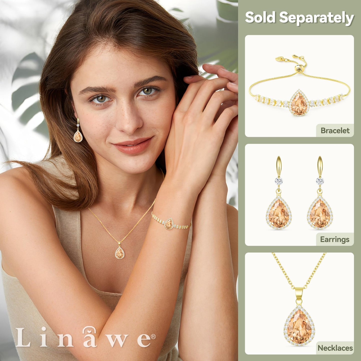 Linawe Gold Color Rhinestone Pendant Necklace for Women Trendy, Champagne Cubic Zirconia Crystal Fake Diamond Tear Drop Necklaces, Dainty Costume Simple Moissanite Gemstone Necklace