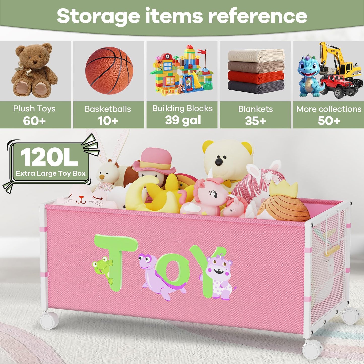 AIJIAMEIER 120L Kids Extra Large Toy Box with Wheels & Handle, 33.1” x 16.5” x 14.6” Big Toy Chest for Boys Girls, Toy Storage Organizer for Living Room Area, Playroom(Pink, 1PC)