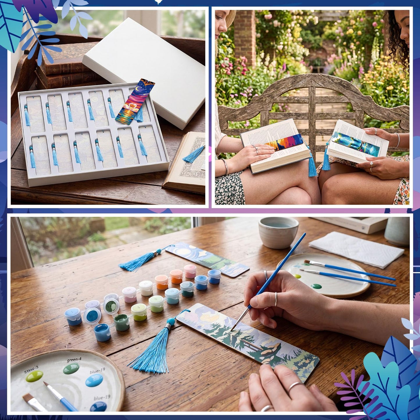 Kosiz 12 Pcs Night Landscape Paint by Numbers Kit for Adults Wood Bookmark Painting Decor Mini Paint by Numbers Kit Tassels Blank Bookmarks Craft for Small DIY Book Lovers Gift 7x2 ''