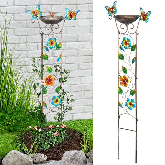 Garden Trellis Bird Bath Outdoor, 43.5 Inch Antique Iron Garden Plant Trellis Decorative with Floral-Butterflies and Detachable Drinking Basin Bowl, Free Standing BirdBath Birdfeeder Station