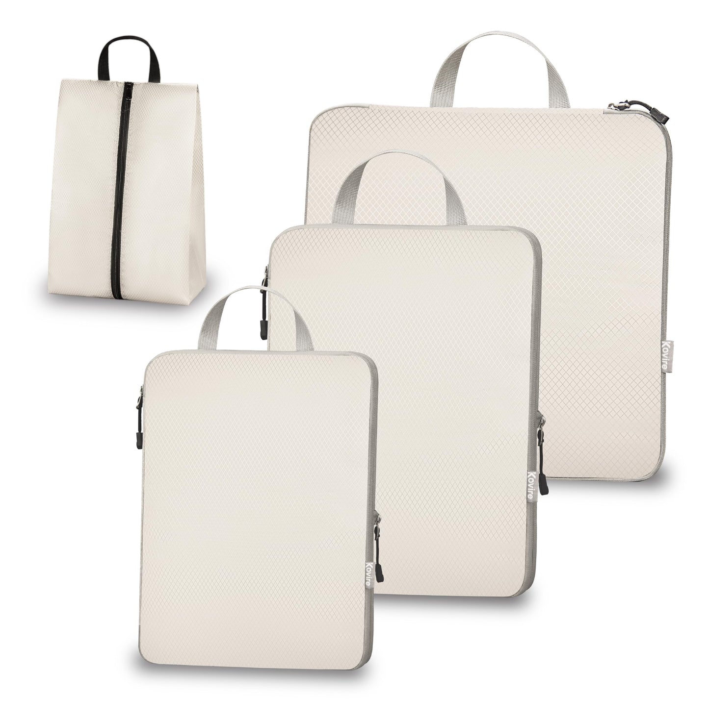 Kovire Compression Packing Cubes for Travel, Set of 4 Expandable Luggage Organizers with Shoe Bag, Lightweight Water-Resistant Suitcase Essentials for Carry-on & Checked Luggage, Cream