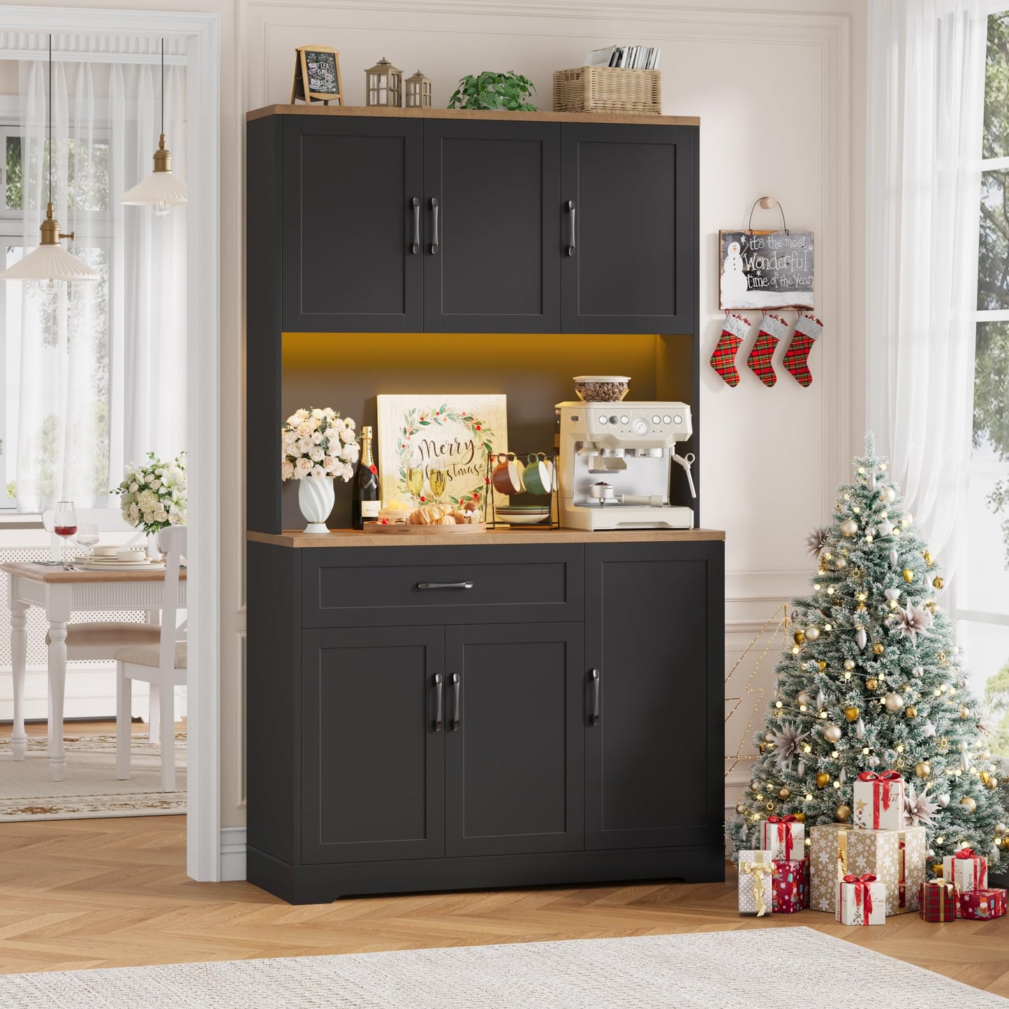 HIFIT 71" LED Kitchen Pantry Cabinet with Power Outlet, Tall Hutch Storage Cabinet with Microwave Stand & 6 Door Shelves, Modern Food Pantry Cabinets with Drawer for Kitchen Dining Living Room, Black