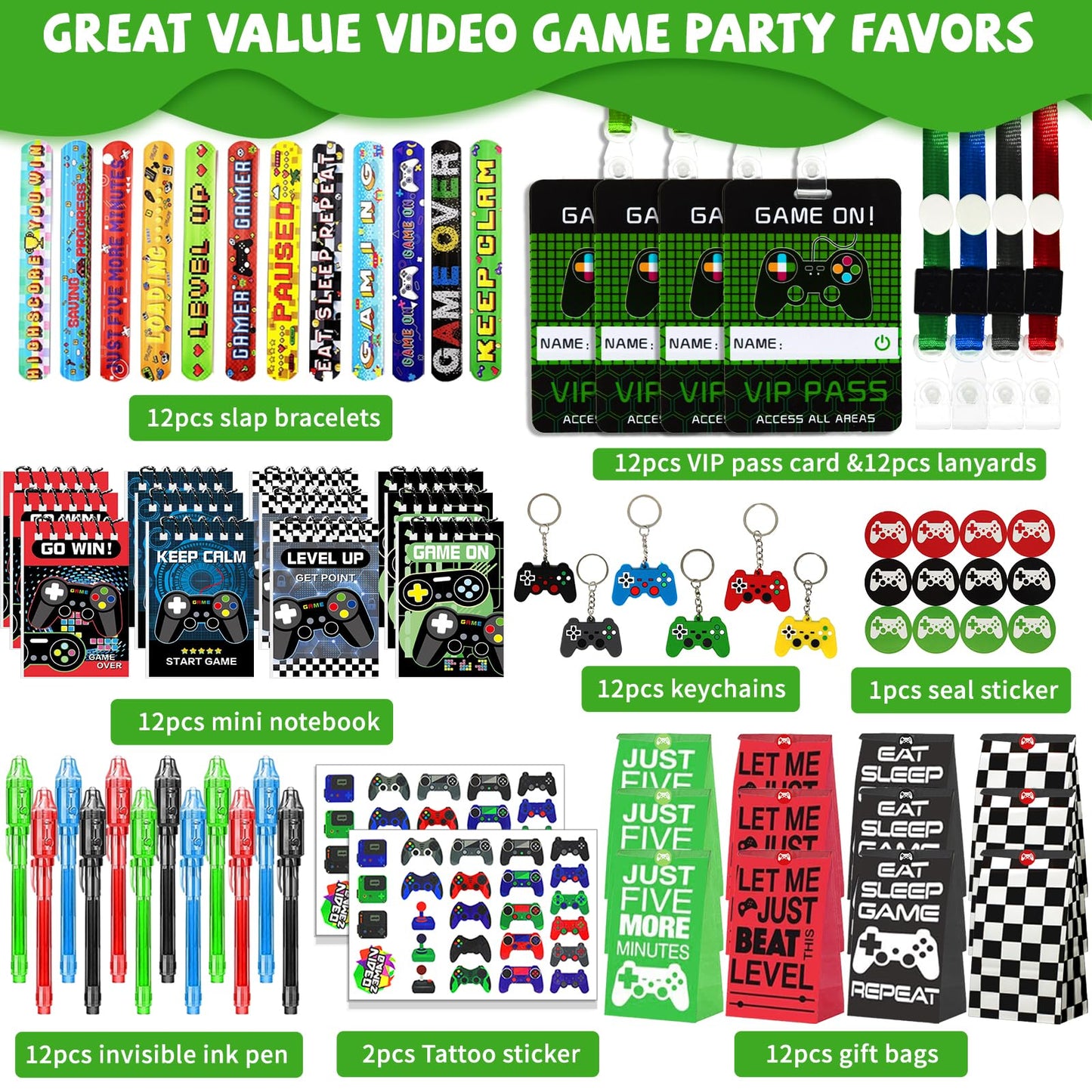 146 Pcs Video Game Party Favors, Gamer Party Favor -Ink Pen Notebook VIP Passes with Lanyards Slap Bracelets Keychains Bags Tattoo Stickers for Kids Gaming Party Favors Game On Birthday Partys Favor
