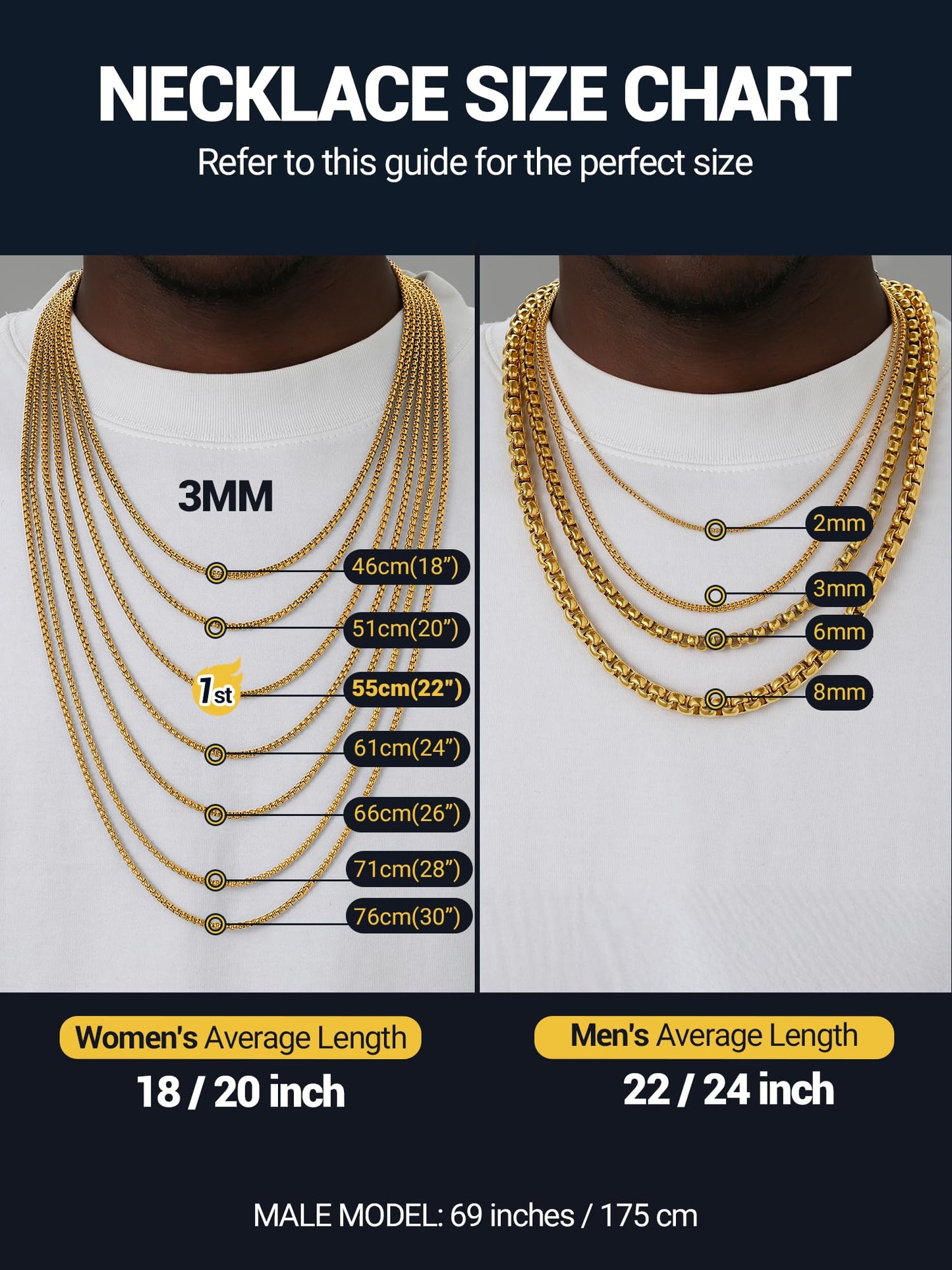 PROSTEEL Squre Rolo Link Chains, 18K Gold Chain Necklace Waterproof & Non Tarnish 3mm Stainless Steel Link Chains for Men and Women Jewelry with Gift Box 18in