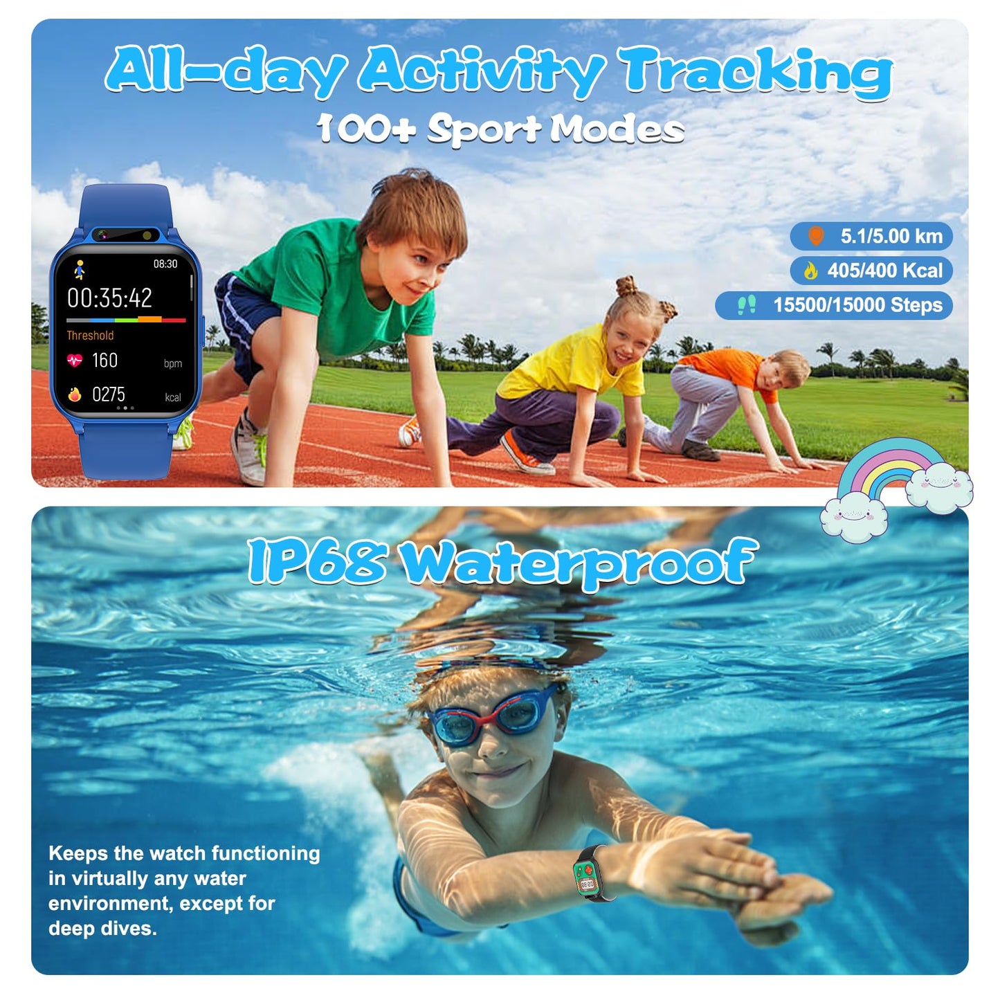 Smart Watch for Kids, 1.85" Fitness Tracker with Heart Rate, Sleep Monitor, IP68 Waterproof Smartwatches with Video Music, Pedometer, Game, NO APP/Phone, Gift for Boys Girls. (Classic, Blue)