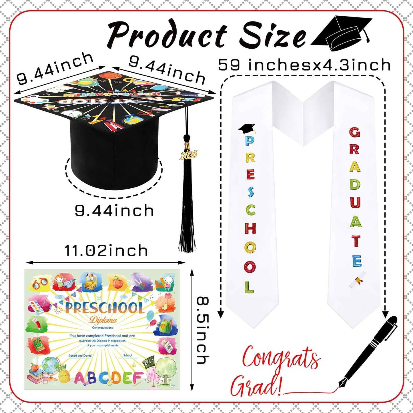 JaGely 3 Pcs Preschool Grade Graduation Set Graduation Cap with 2026 Tassel Graduation Stole Sash with Diploma Certificates Set for Students Supplies Teachers Parents Graduation Gifts