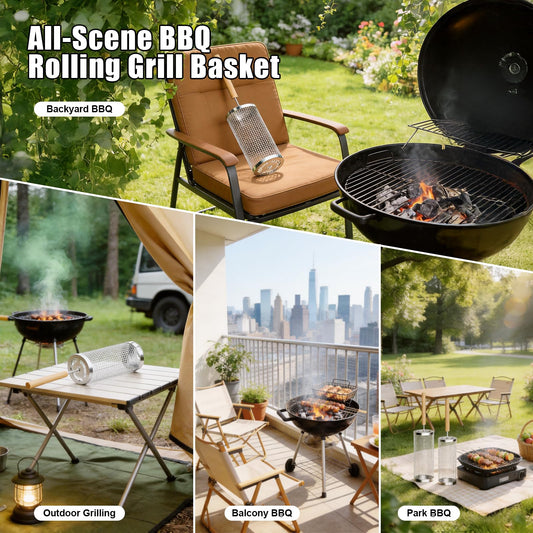 Rolling Grill Basket with Removable Wooden Handle, 2 Pack 304 Stainless Steel BBQ Grilling Net for Vegetables Shrimp Fish, Portable Camping Grill Accessories, Best Gifts for Dad Men