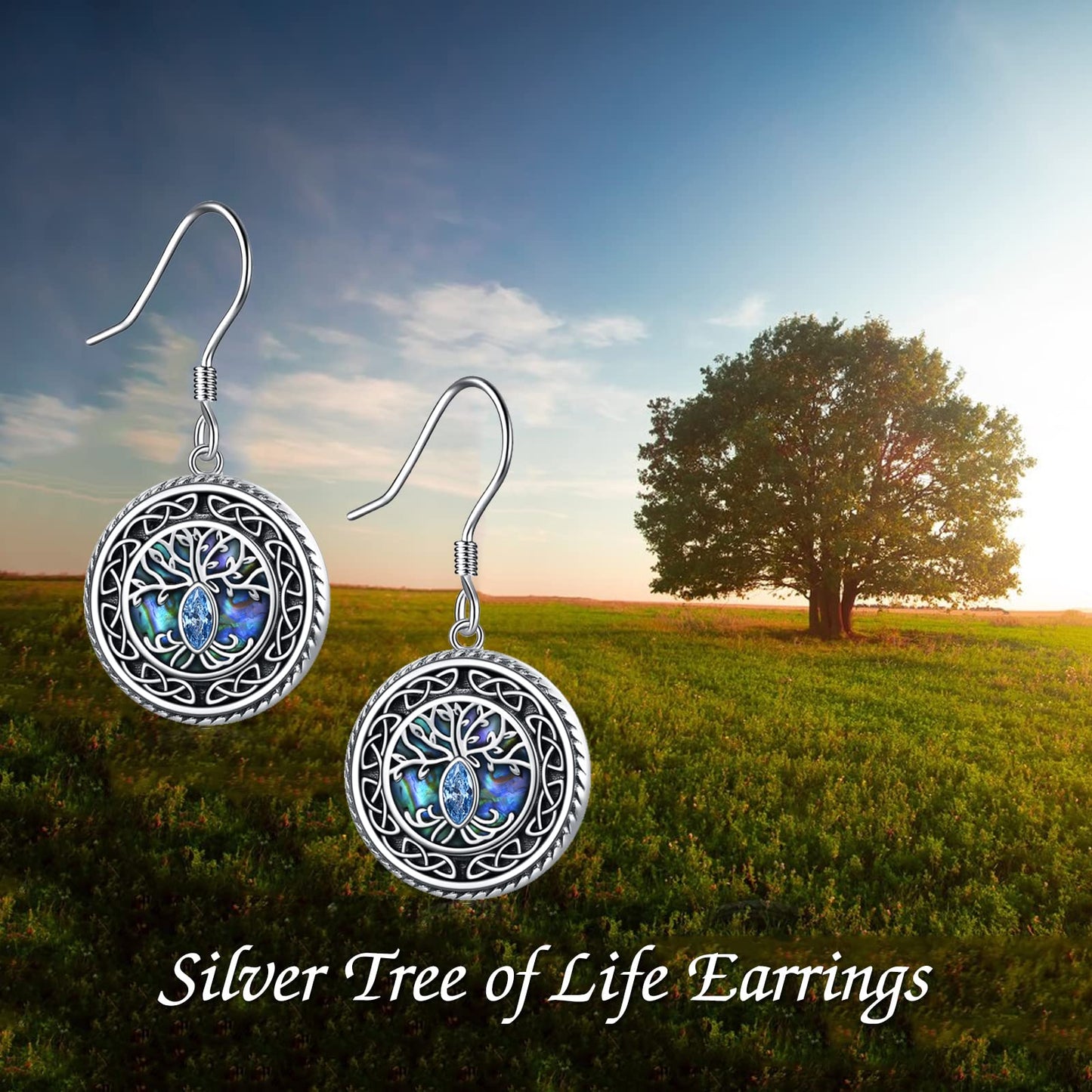 POPLYKE Tree of Life Earrings 925 Sterling Silver Leverback Earrings for Women Celtic Jewelry Abalone Earrings Dangle Tree of Life Jewelry