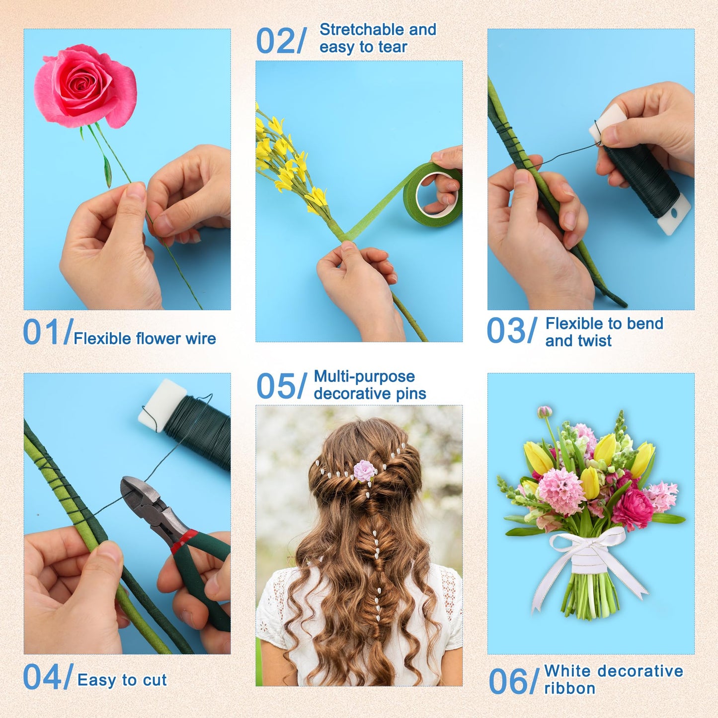 AHIER 161 PCS DIY Wrist Corsage Making Kit with 5P Wrist Corsage Bracelets, Floral Wire and Cutter, Floral Tape, Pin, Ribbon for Wedding Party Boutonniere Supplies