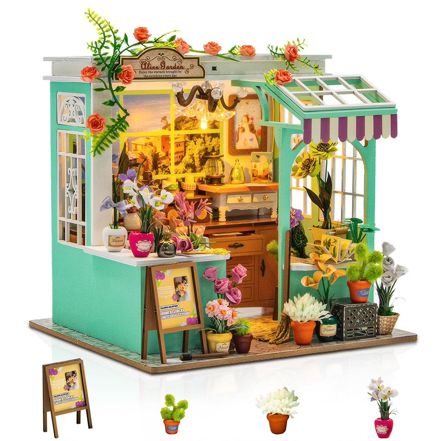 Foyucool Miniature House Kit, DIY Miniature Dollhouse Kit, Mini House Building Kits with LED, Unique Gift for Birthday Christmas Day, Flower Garden