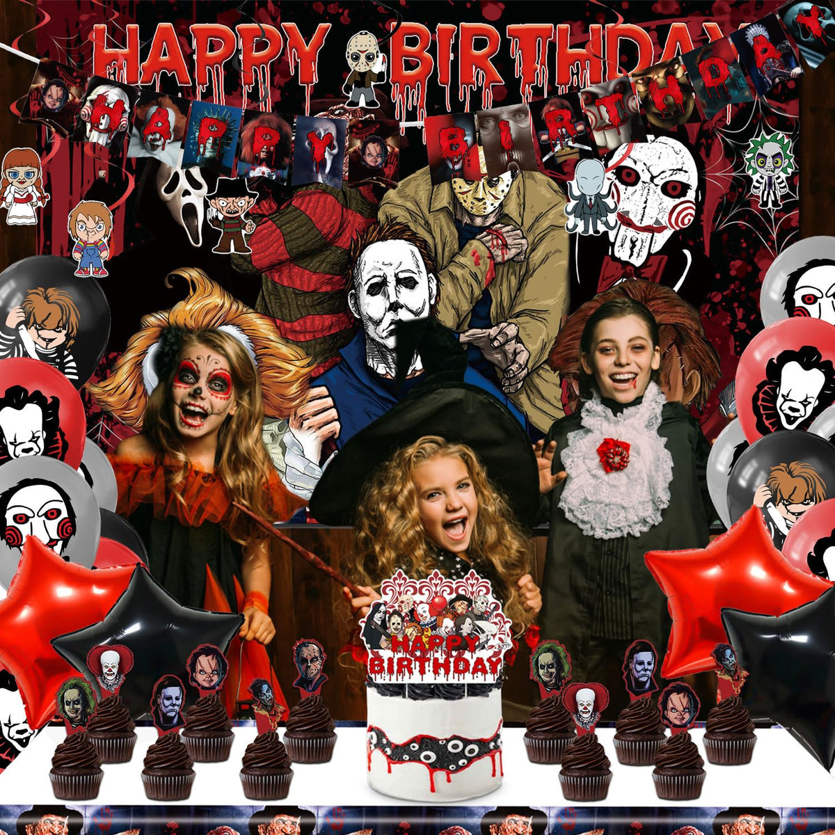 Taeku Horror Birthday Party Decorations – 50 Pcs Halloween Theme Kit with Banner, Balloons, Cake Toppers, Backdrop & Tablecloth – Scary Party Supplies for Kids & Adults