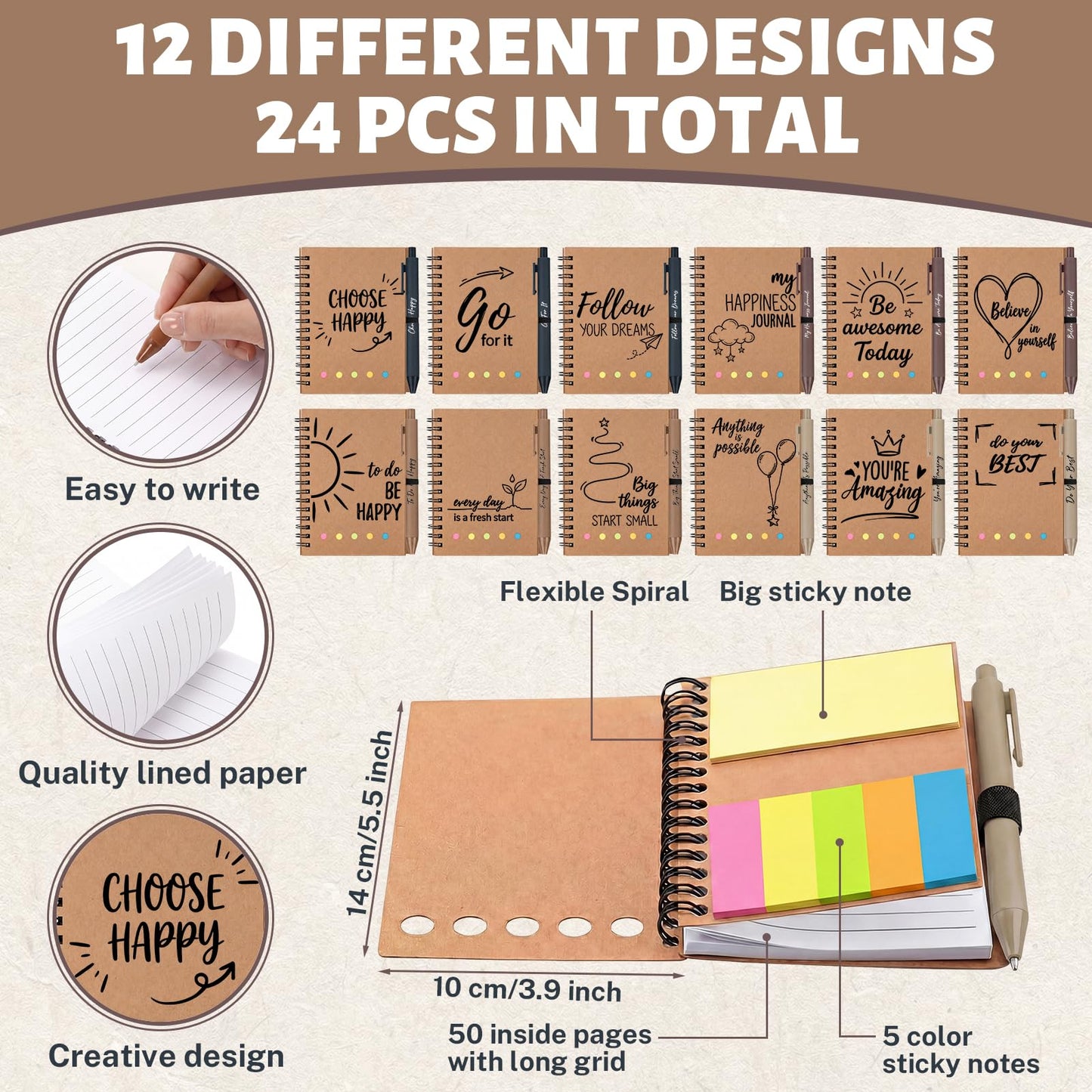 48 Pcs Employee Appreciation Gifts Bulk, 24 Sets Motivational Notebooks with Pens & Sticky Notes, Modern Kraft Inspirational Journals for Coworkers, Staff, Men & Women, Team Building (5.5 x 4.7 Inch)