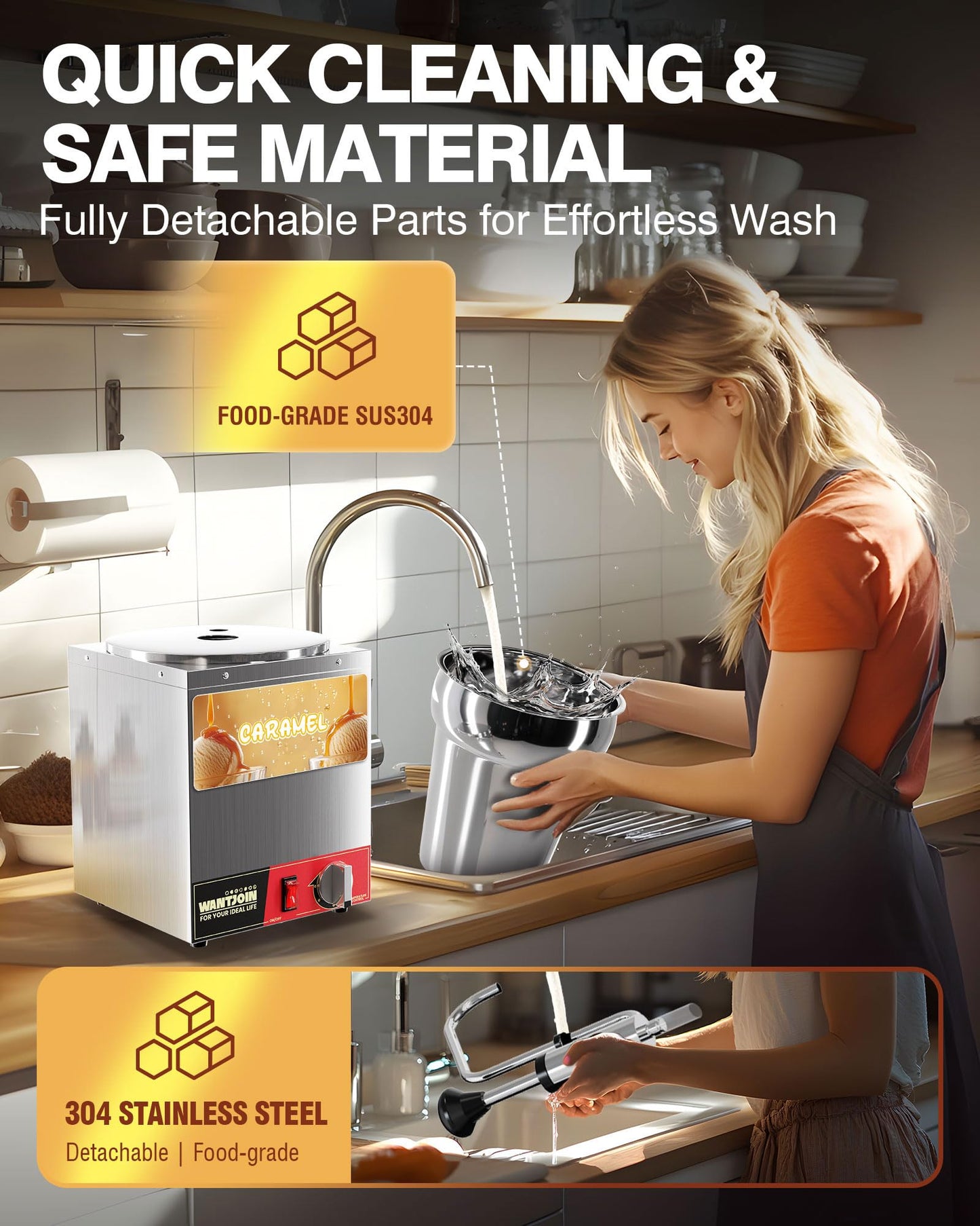 WantJoin Nacho Cheese Dispenser with Pump - 4.6QT Commercial Stainless Steel Warmer with 86-185°F Temperature Control for Hot Fudge, Caramel & Sauces
