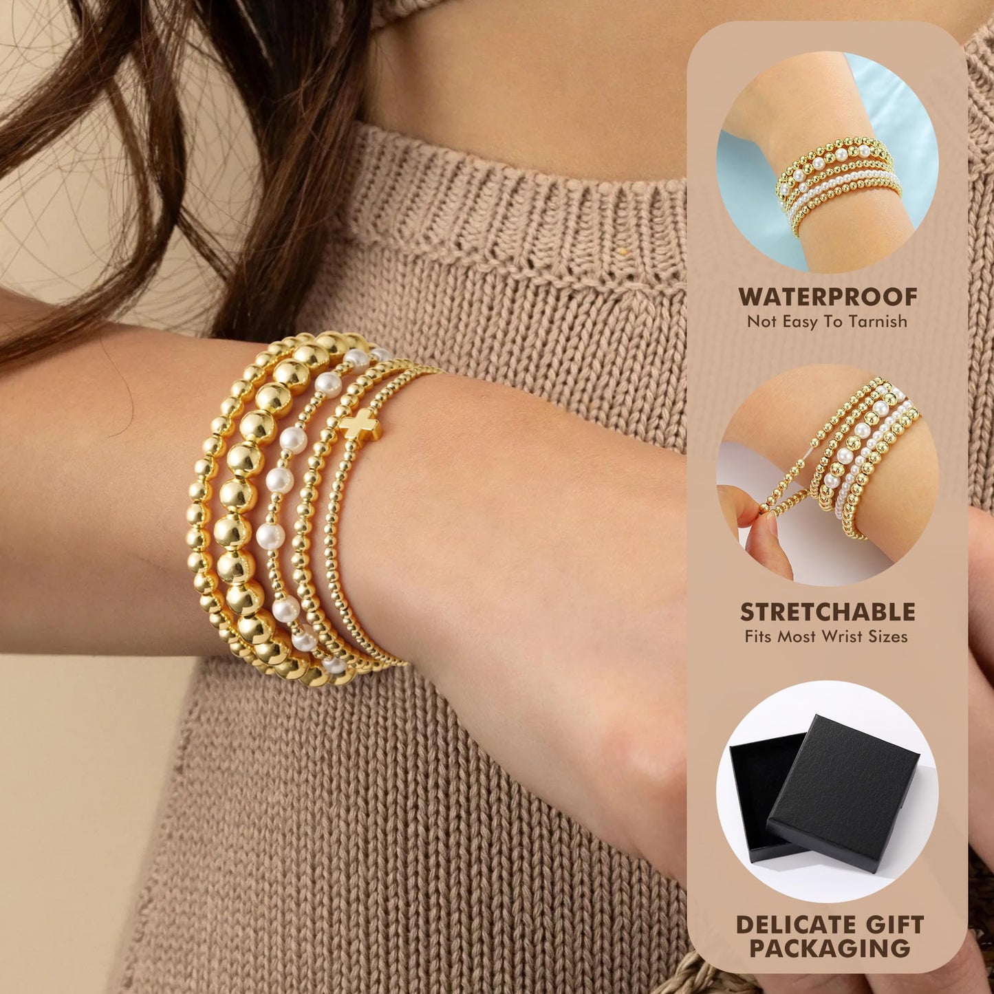 Yoosteel Gold Beaded Bracelets Set for Women Teen Girls - 14k Gold-Plated Dainty Beaded Cross Pearl Bracelet for Women Teenage Girl Gifts Stackable Jewelry Gifts 6 Pcs
