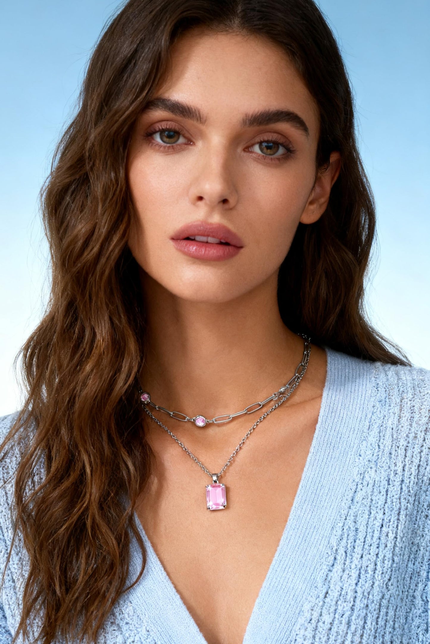 VANGETIMI Pink and Silver Layered Pendant Necklaces for Women Silver Plated Crystal Choker Necklace Paperclip Rhinestone Necklace Party Prom Jewelry