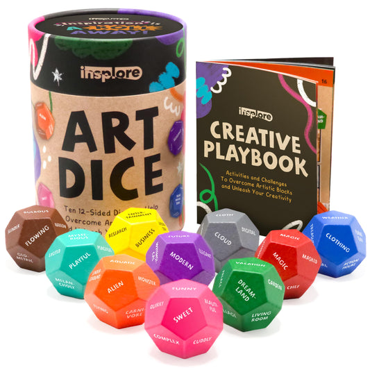 Insplore Art Dice – 12-Sided Wooden Dice with 120 Prompts to Help You Decide What to Draw or Paint – Creative Playbook with Games and Activities – Fun, Inspiring Gift for Artists of All Levels
