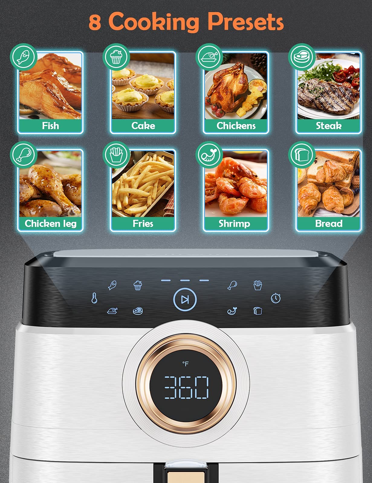 Air Fryer, ALLCOOL Airfryer Oven 8QT Large Air Fryer 1700W 8-in-1 with Touch Screen Air Fryers Dishwasher Safe Nonstick Tray Freidora de Aire 32 Recipes BPA & PFOA Free White Air Fryer