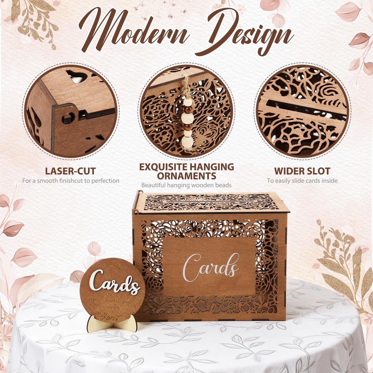Ferrochef Wedding Card Box with Sign Boho Rustic Wood Gift Card Box Vintage Money Cards Holder for Wedding Baby Shower Graduation(Flower,Brown,11.4 x 9 x 8.5 Inches)