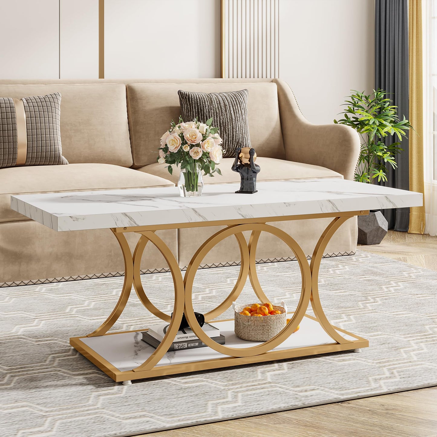 Tribesigns 46.45” Rectangle Coffee Table, Modern Coffee Tables for Living Room, 2-Tier Faux Marble Wood Coffee Table with Geometric Legs, Furniture with Storage Shelf (White & Gold)
