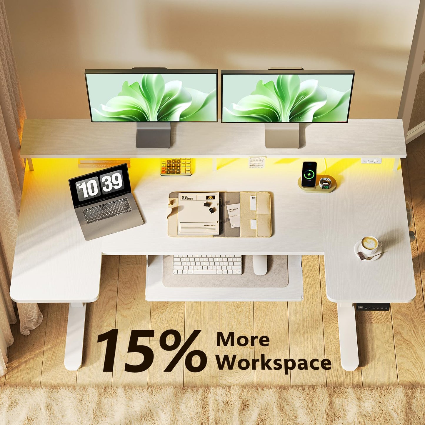 OffiGo U Shaped Electric Standing Desk with Keyboard Tray, 55 Inch Height Adjustable Desk with Power Outlets & LED Lights, Sit Stand Table with Monitor Stand for Home, Office, White
