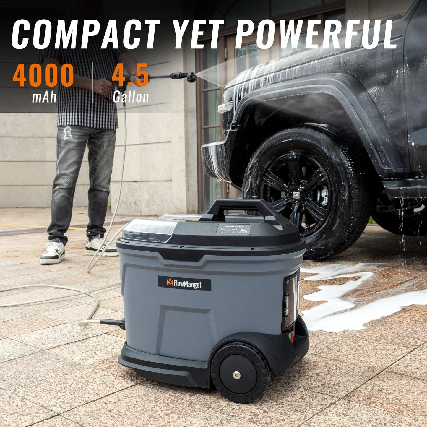 FlowMangol Freelander cPX4000 Portable Cordless Pressure Washer with 4.5 Gallon Tank & 4 Wheels, 725 PSI True Pressure, 2 x 4.0Ah Battery Power Washer for Car Washing, Outdoor Rinsing and Pet Shower