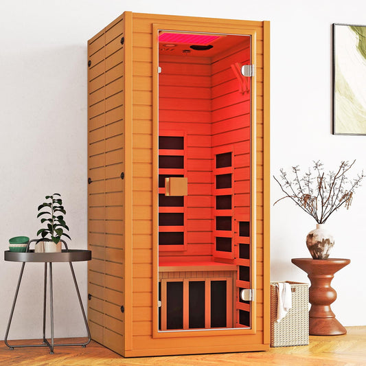 Real Relax Infrared Sauna with 660 & 850nm Red Light Therapy, Full Spectrum Sauna with 7 Heater, 1290w 120v, Fast Heat-Up, 1 Person Canadian Hemlock Wood Dry Sauna for Indoor, Home Gym, 31.5*30.3*67"