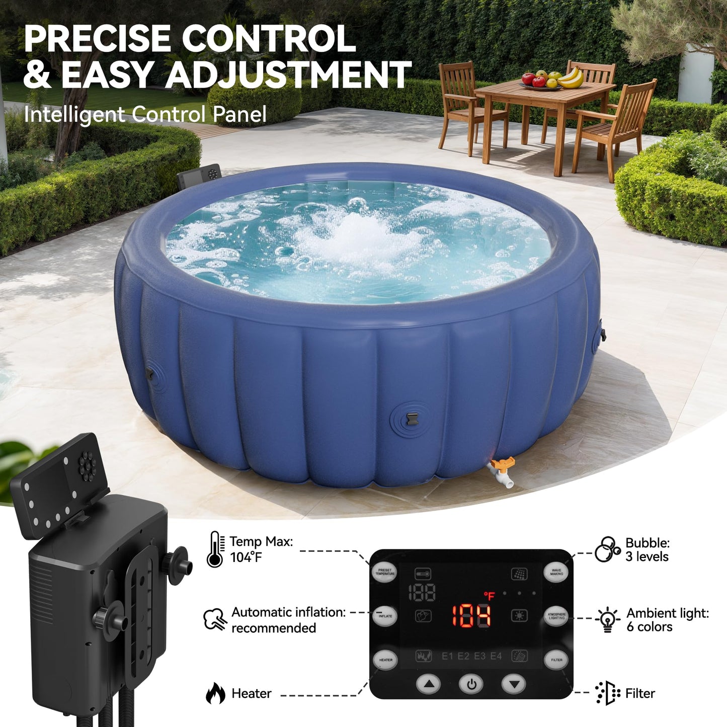 Blue 73"x28" Inflatable Hot Tub for 2-4 Persons | Portable Outdoor Spa with 146 Adjustable Bubble Jets, LED Mood Lights, Smart Touch Panel, Cover & Accessories (2 Headrests, Cup Holder)