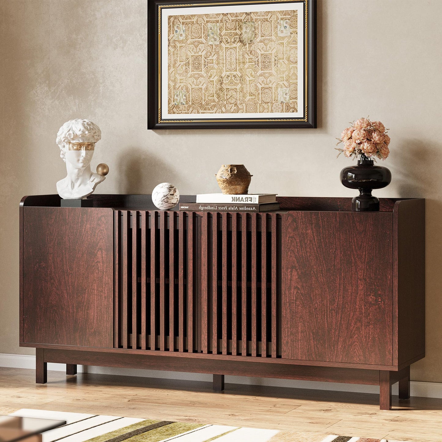 IRONCK Storage Cabinet, Buffet Cabinet with Grille Doors and 2 Adjustable Shelves, Mid Century Sideboard for Kitchen, Dining Room, Entryway（Natural Red Walnut）