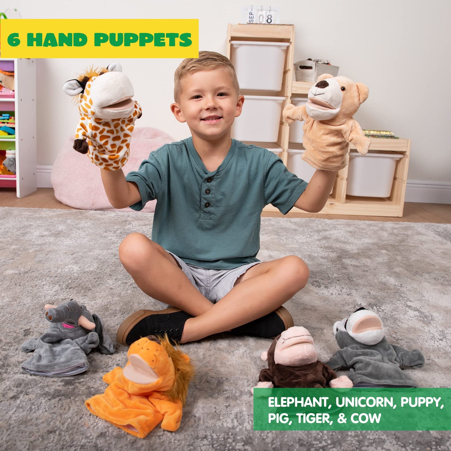 JOYIN 6Pcs Kids Hand Puppet Set with Working Mouth, Toddler Plush Toy Includes Elephant, Giraffe, Lion, Bear, Raccoon and Monkey for Show Theater, Easter Birthday Gifts for Kid