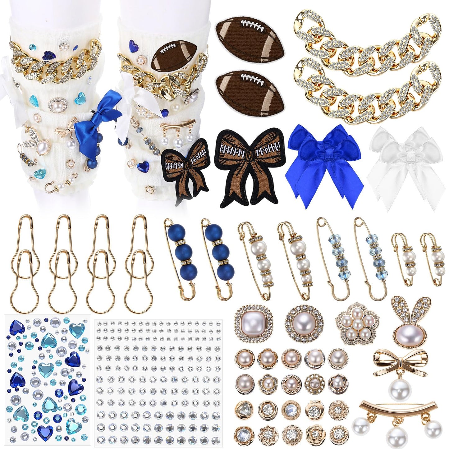 Norme 45 Pcs Game Day Football Junk Socks Charms Kit Brooches and Pins for Women Football Sports Jewelry for Socks Shoe Charms with Bows Sneakers DIY Kit with Pearls (Blue,Stylish Style)