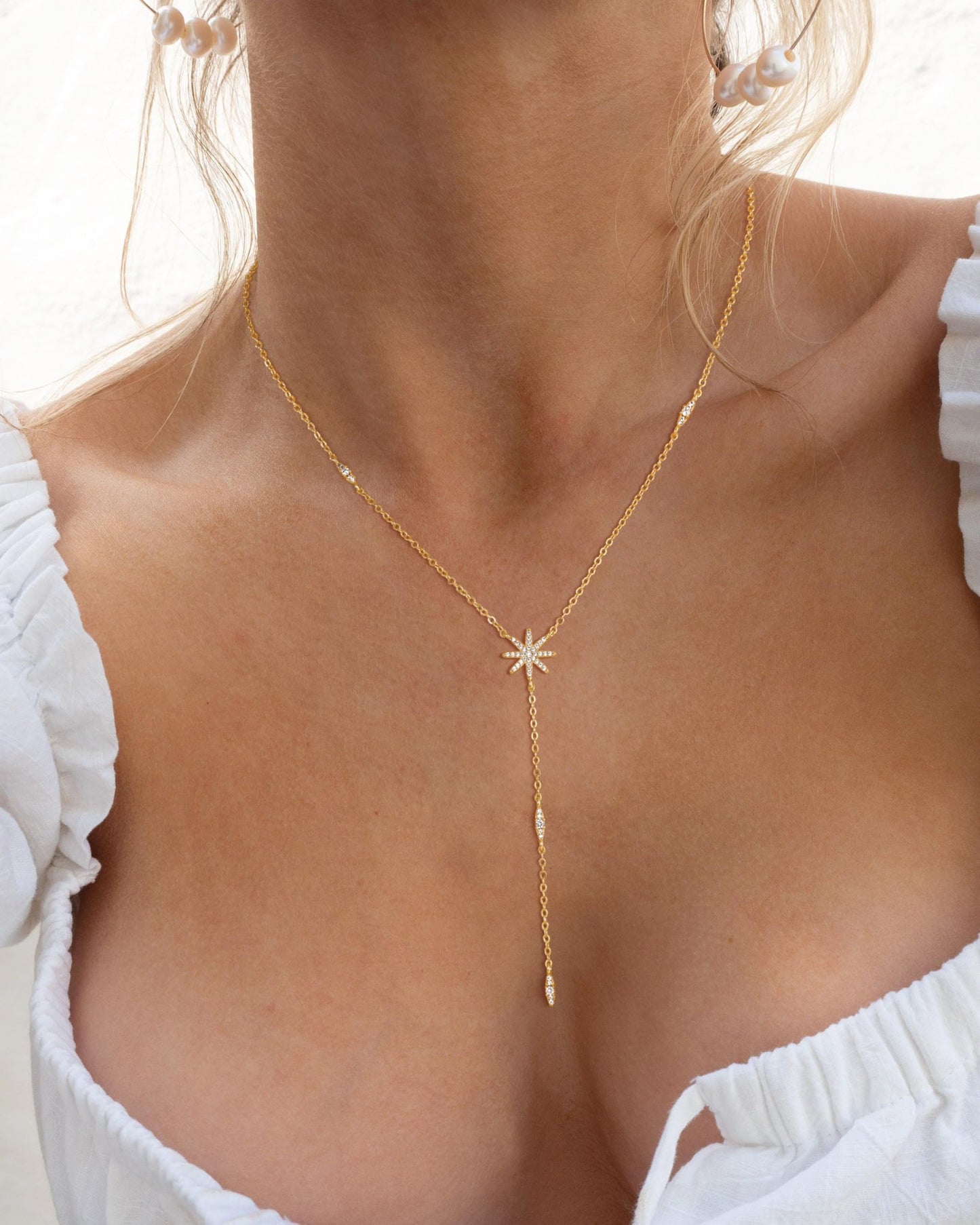 CHESKY 14K Gold Plated Long Necklace for Women North Star Layered Y Necklace Dainty CZ Star Pendant Drop Sparkle Trendy Jewelry