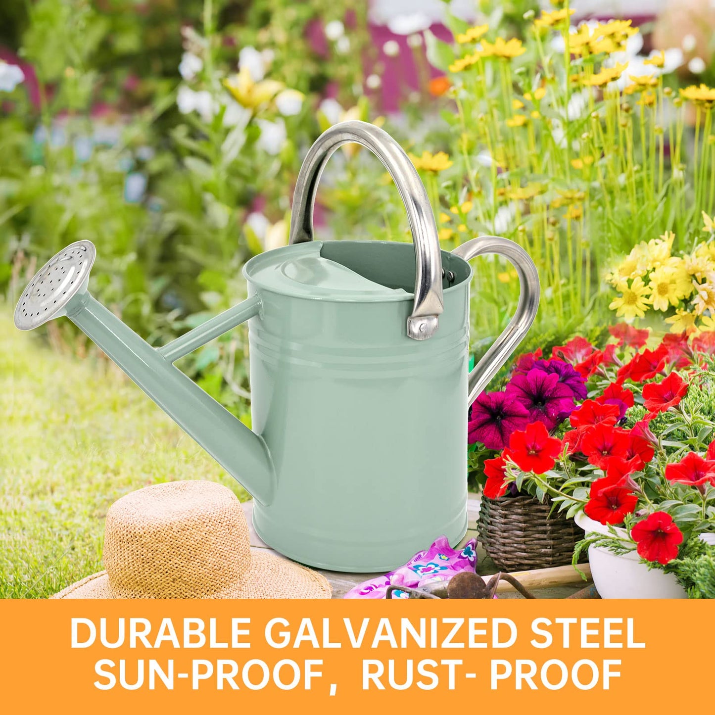 Lechloris Metal Watering Can for Outdoor Plants, Galvanized Steel Watering Can with Removable spout, 1 Gallon,Perfect Home & Garden Décor Cream Green
