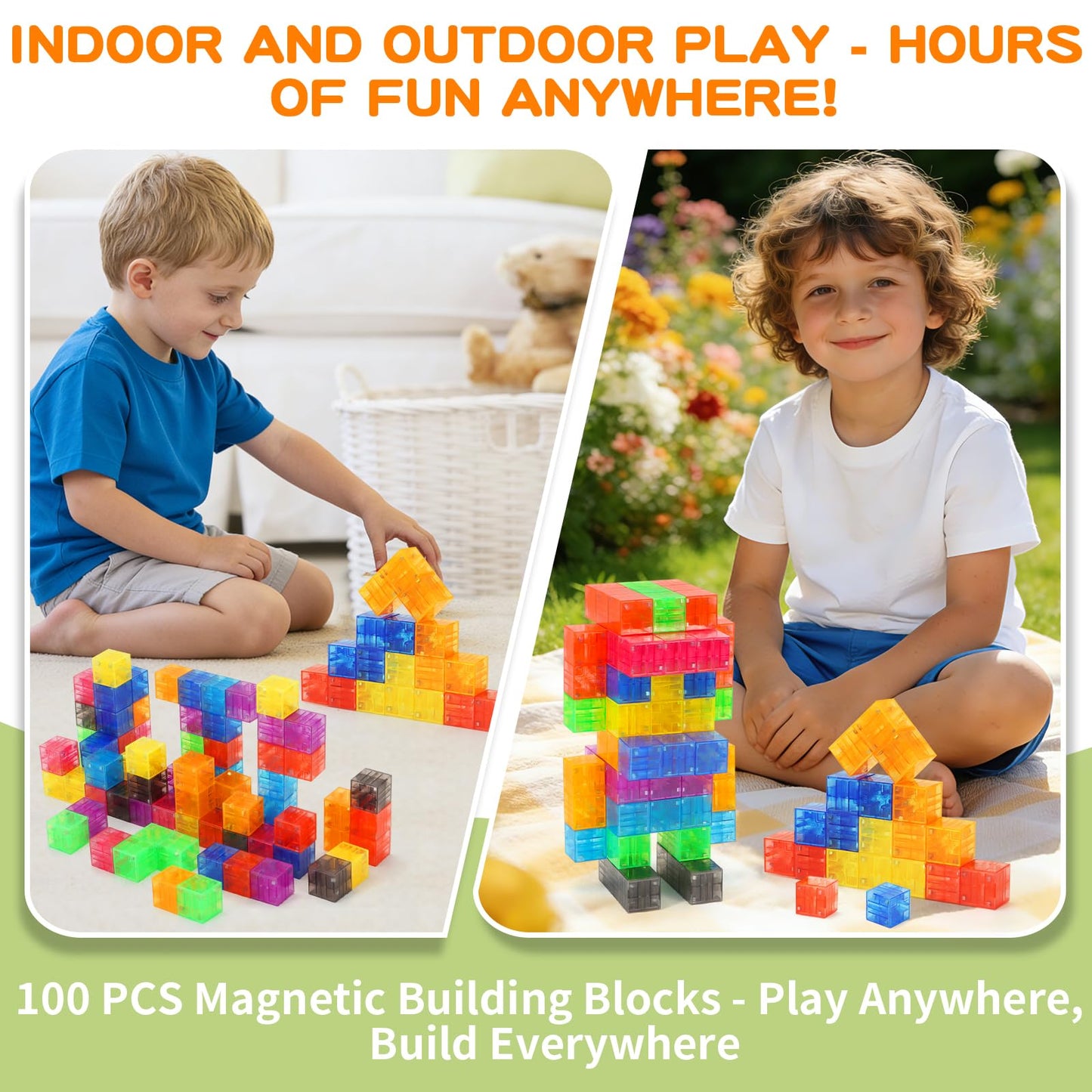 BananMelonBM 100 PCS Magnetic Blocks - Transparent Rainbow Magnetic Cubes Building Toys for Kids Ages 1-3 2-4 4-8, STEM Learning Preschool Educational Sensory Magnet Toys for Boys Girls