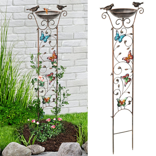 Garden Trellis Bird Bath Outdoor, 43.5 Inch Antique Iron Garden Plant Trellis Decorative with Butterflies and Detachable Drinking Basin Bowl, Free Standing BirdBath Birdfeeder Station