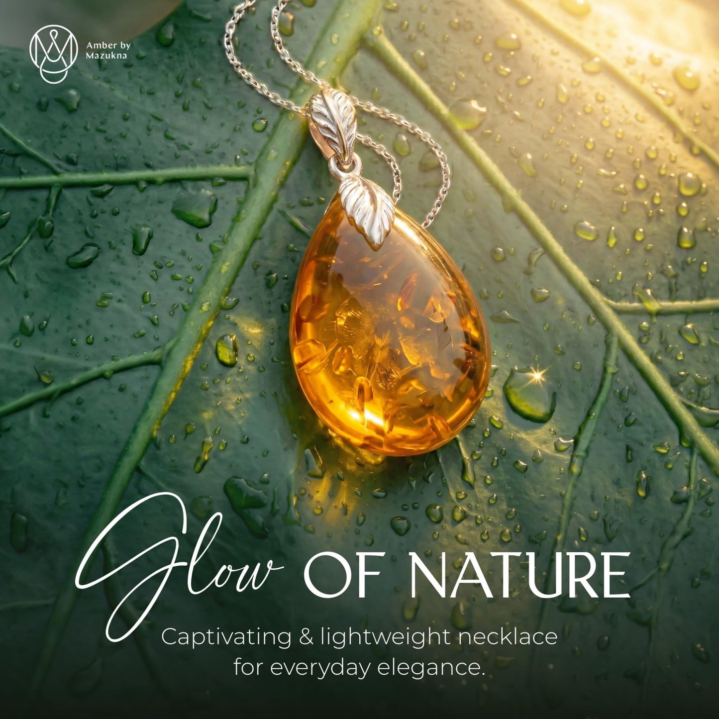 Amber by Mazukna Natural Baltic Amber Pendant for Women, Cognac Drop Necklace with 925 Sterling Silver Chain, Lightweight 18-inch Jewelry Gift for Everyday Elegance